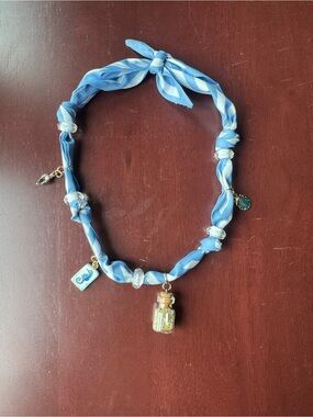 Nautical Scarf Necklace Blue Striped with Charms & Glass Bottle Pendant Coastal